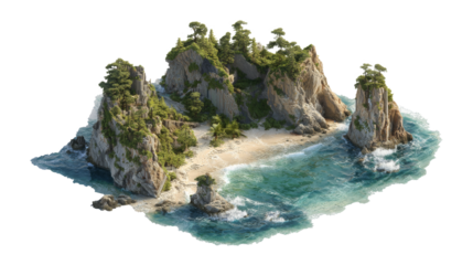 Tropical rocky island with lush vegetation and beach