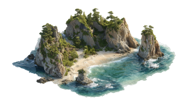 Tropical rocky island with lush vegetation and beach