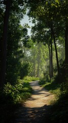 Fototapeta premium Sunlit Green and Golden Forest Path Through Lush Woodland