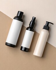 Elegant Cosmetic Packaging Mockup Three Bottles with Spray, Dropper, and Lotion Pump