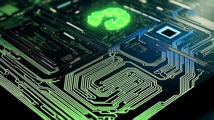 Green glowing recycling symbol placed on an electronic circuit board symbolizing sustainable technology and eco-friendly practices - Powered by Adobe