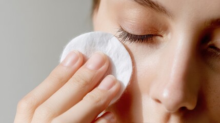 Close-up of a woman applying a cleansing pad to her face.