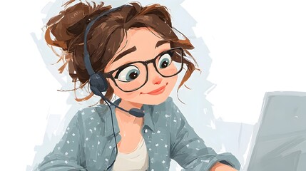 A cheerful young woman works from home using a laptop and headset providing customer support services.