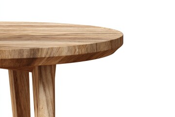 Close-up of a round wooden table with a light brown finish. The table's simple design features sturdy legs and a smooth, polished tabletop.