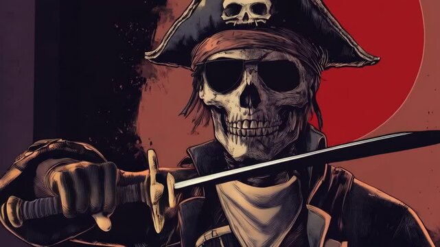 Skull pirate with sunglasses and a tricorn hat, illustrated in dark red and black lines, menacing grin and skull with crossbones on the hat