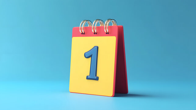 3D Calendar with 1 date number. Minimal creative design. September 1st on the page. Back to school. First Birthday. Day of month. Cartoon icon isolated on blue background. 3D Rendering