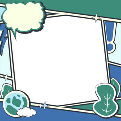 Eco Comic Style Background, Environment and Nature Theme, eco-friendly elements such as leaves, the Earth, clouds, and a lightning bolt