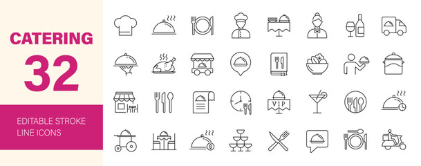 Catering icon set. Containing food service, event planning, dish, table setting, delivery, buffet, fine dining, waiter, tray, food cart, chef and more. Editable line icons. Vector illustration.