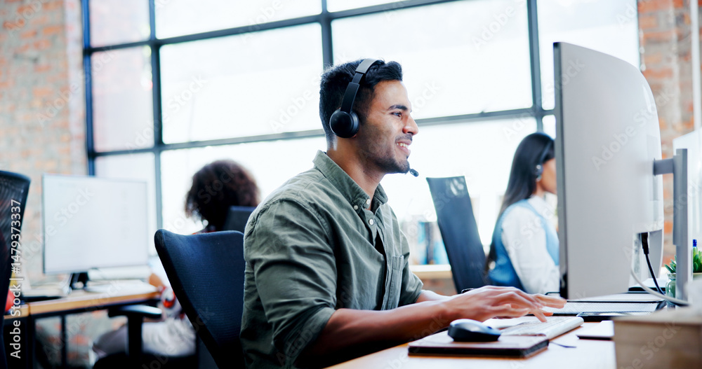 Poster business, man and typing on computer at call centre for customer service, questions and information.