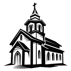 A Black and White Illustration of a Traditional Church Building with a Steeple and Cross