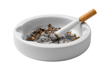 Ceramic Ashtray With Cigarette Butt And Ash On transparent background