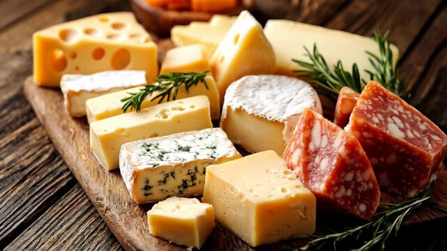 Assortment of cheese on wooden table, closeup. Dairy products. Cheese Selection. Large assortment of international cheese specialities.