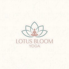 Peaceful meditation figure within stylized blooming lotus icon for wellness brand identity symbol