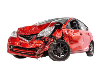 Damaged red car showcasing the aftermath of an accident, cut out - stock png.