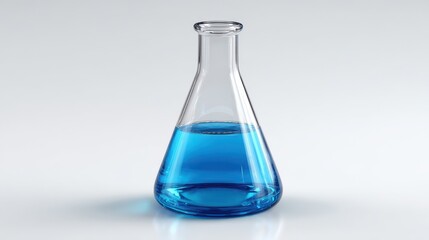 A 4K photo of blue Liquid in Erlenmeyer Flask on White Background.