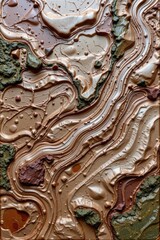 Textured abstract landscape depicting flowing bronze and earthy tones, evoking a sense of movement and depth within a richly layered and organically sculpted surface.