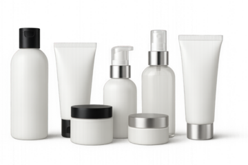 Group of white bottles with black caps isolated on transparent background.