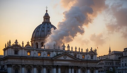 Obraz premium When a new pope is elected during the papal conclave, white smoke rises from the chapel chimney around sunset.