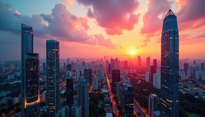 High-rise buildings in a vibrant Asian city at sunset, showcasing modern architecture and urban development , innovation, sunset, business