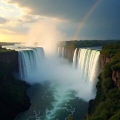 Massive Waterfall with Powerful Cascade and Misty Spray