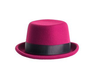Bright pink felt hat with black ribbon for stylish looks Isolated, cut out transparent