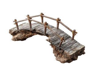 Rustic wooden bridge over rocky terrain for outdoor scenes Isolated, cut out transparent