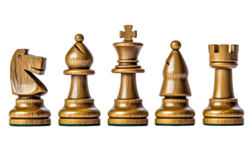 Set of classic wooden chess pieces, transparent background.