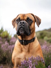 Fototapeta premium Portrait of a Boxer Dog in a Field of Purple Heather Flowers Looking Upward on an Overcast Day in the Countryside