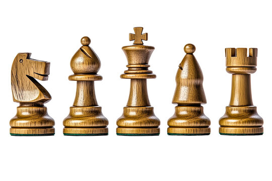 Set of classic wooden chess pieces, transparent background.
