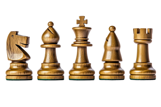 Set of classic wooden chess pieces, transparent background.