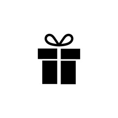 Simple black vector icon of a gift box with ribbon, representing a present or surprise