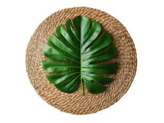 Tropical leaf decor on woven circle mat for home styling, cut out - stock png.