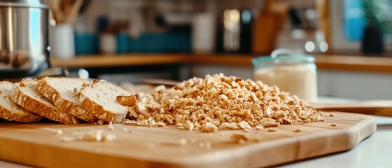 Fototapeta premium Sliced bread and breadcrumbs on wooden cutting board in kitchen setting close up food photography