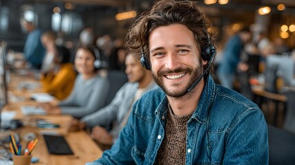 Fototapeta premium A smiling customer service representative wea a headset sits at his desk in a busy modern office environment providing excellent support.