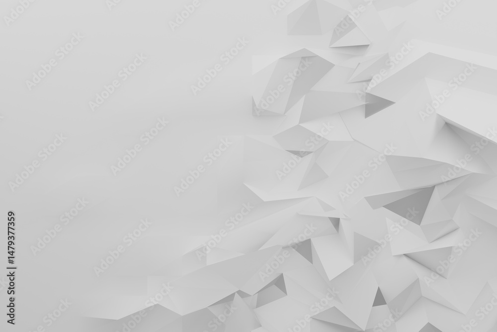 Fototapete 3D geometric white pattern with triangles, pyramids and edges as abstract ridges as border. Copy space for text. 3D rendering background in digital art, paper origami, minimalist style.