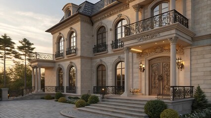 Elegant Classic House Facade with Columns and Arches