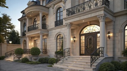 Obraz premium Elegant Classic House Facade with Columns and Arches
