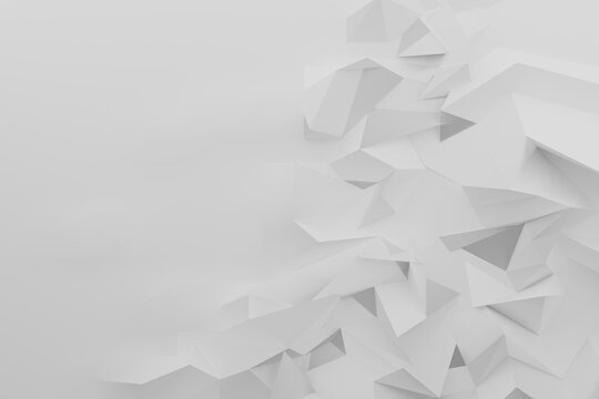 3D geometric white pattern with triangles, pyramids and edges as abstract ridges as border. Copy space for text. 3D rendering background in digital art, paper origami, minimalist style.