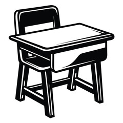 Vintage Black and White Illustration of a Classic School Desk and Chair