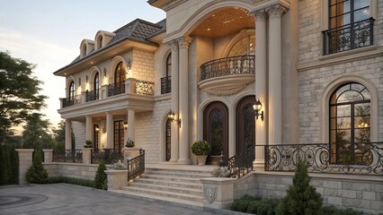Elegant Classic House Facade with Columns and Arches