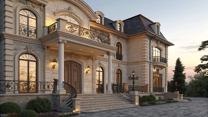 Elegant Classic House Facade with Columns and Arches