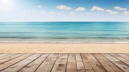 Fototapeta premium Beach scene with wooden decking providing a textured foreground on a sunny summer day