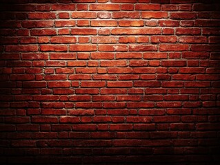 Close up of a textured red brick wall in a dark room with a single light source shining down on it