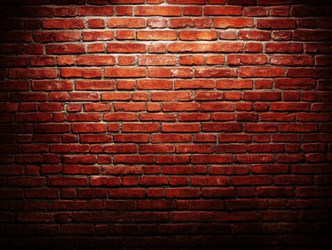 Close up of a textured red brick wall in a dark room with a single light source shining down on it