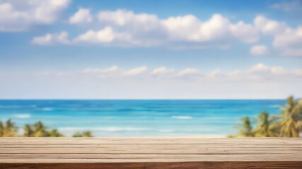 Fototapeta premium Wooden tabletop with ocean background tropical beach scene for product display and presentation