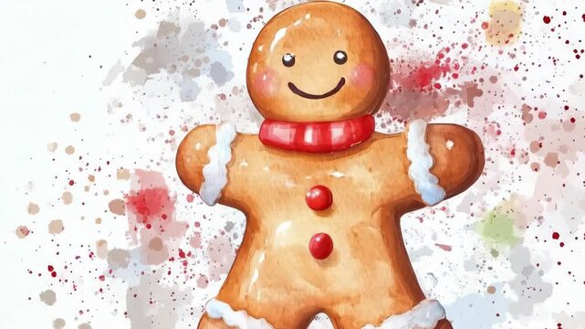Watercolor gingerbread man with a red scarf and buttons, with paint splatter on a white background for holiday illustrations.