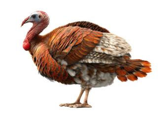 Colorful turkey standing in profile with detailed feathers, cut out - stock png.