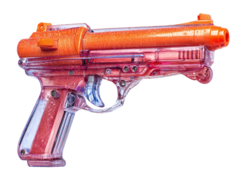 Transparent toy pistol with bright orange and red design, cut out - stock png.