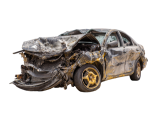 Damaged car in wrecked condition for vehicle salvage or repair, cut out - stock png.