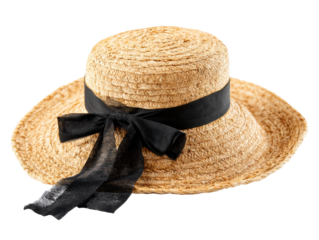 Classic straw hat with black ribbon for summer fashion styling, cut out - stock png.